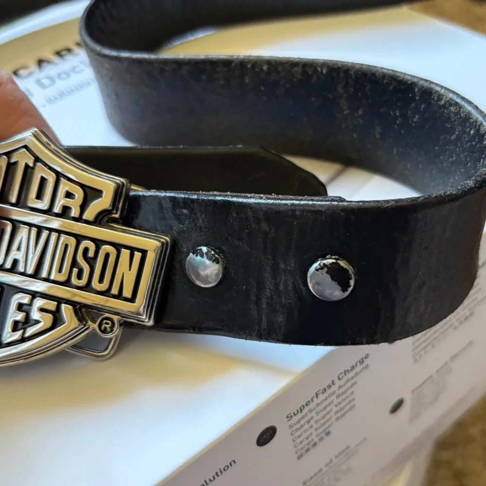 Vtg Harley Davidson Leather Belt Mens 34 Black Silver Bar Shield Buckle 2005 Y2K